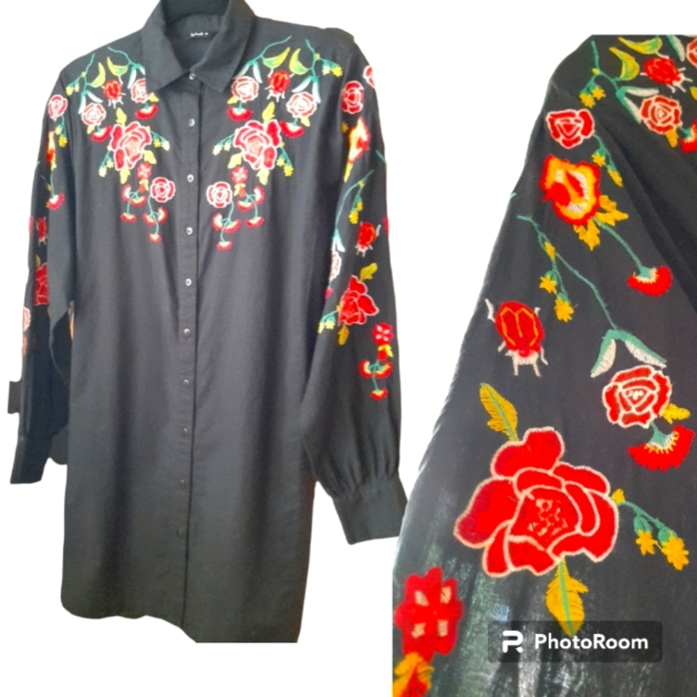 Spring, Women, Black Shirt, Long Sleeve Casual Flower Embroidery.